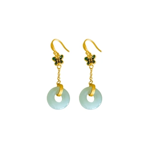 Boucles d'oreilles papillon dorées élégantes avec anneaux de jade de style chinois
