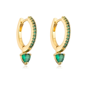 Detail view of 18K gold plated heart earrings with green gems and cubic zirconia