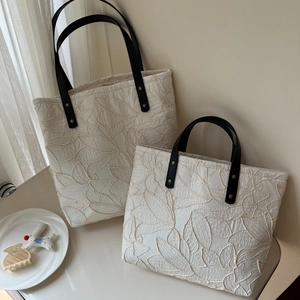 French vintage canvas tote bags with leaf embroidery and black leather straps in two sizes