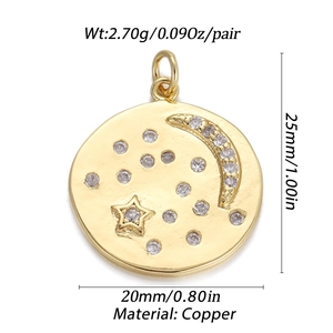 Macro detail of a 20x25mm gold plated copper star and moon pendant with zircon stones