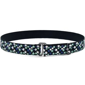 Adjustable kids elastic belt in black featuring colorful stars and metal T-hook buckle