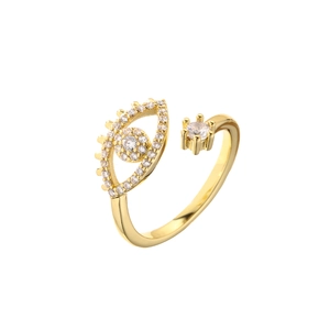 Golden open ring featuring evil eye motif with micro-pave zircons and square clear stone