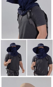 Detailed views of navy blue wide brim sun hat with face mask and neck protection for hiking