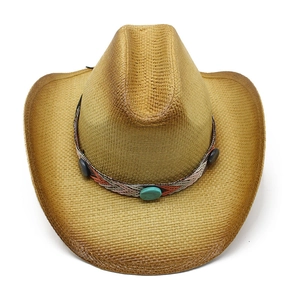 Brown woven straw cowboy hat with ethnic style turquoise beaded band for sun protection