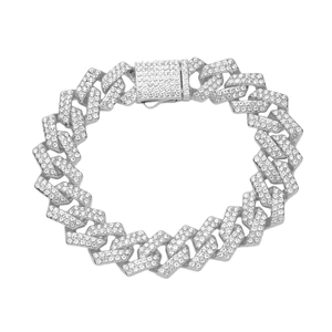 Bracciale cubano Hip Hop argento 15mm con doppia fila di strass luccicanti