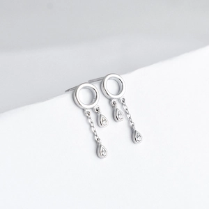 Minimalist silver long tassel earrings with sparkling drop-shaped zircon pendants