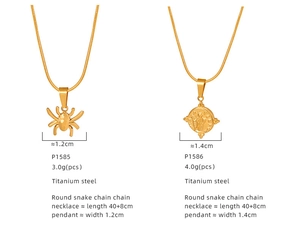 Detail showing titanium steel golden spider and coin pendants with round snake chain specs