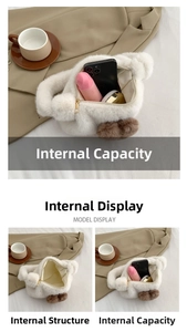 Detail view of the interior capacity and smooth zipper of the white plush handbag