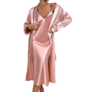 Pink satin nightgown and robe set for women with black piping and elegant V-neckline
