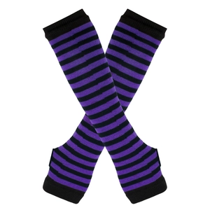 Close-up of purple and black striped knitted fingerless arm sleeves with thumb holes