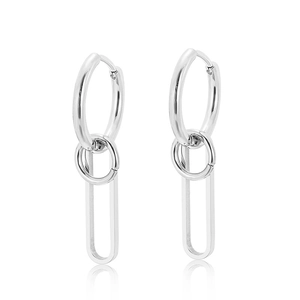 Minimalist silver stainless steel multi-layer oval drop earrings for women on white background