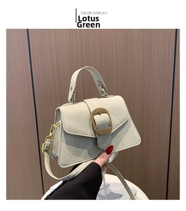 Detail of the lotus green trapezoid bag featuring a gold woven texture metal buckle