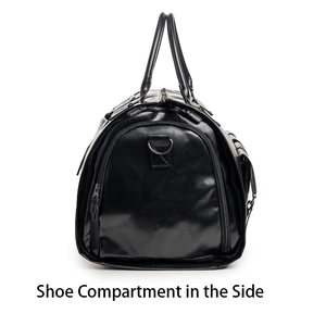 Détail du compartiment à chaussures latéral du sac de voyage en cuir PU noir