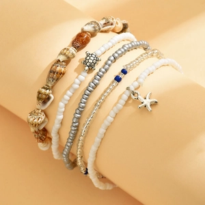 Parure de 5 bracelets de cheville bohème avec coquillages, perles et pendentifs mer