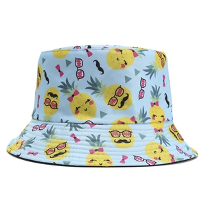 Blue sun hat with cartoon pineapple prints, foldable outdoor sunscreen bucket hat for summer