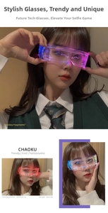 Detail of cyberpunk LED glasses featuring laser-etched circuits and multi-color lighting
