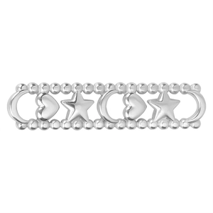 Detail of silver stainless steel connector featuring moon heart and star charms