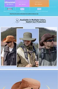 Detail of wide brim sun hat showing breathable fabric and adjustable windproof chin strap