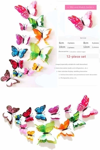 Detail set of 12 mixed-size 3D PVC butterfly wall stickers with adhesive dots for decor