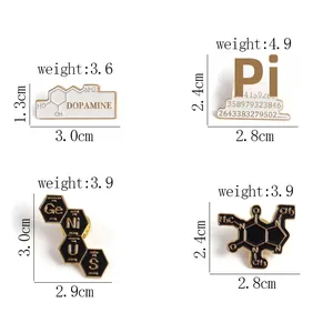Size chart for science enamel pins showing dimensions of dopamine and pi alloy badges