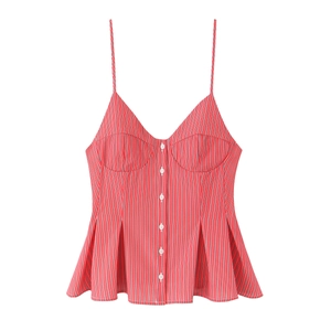 Top caraco à fines rayures rouges et blanches avec boutons et coupe peplum