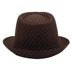 Close-up of dark brown pinstripe fedora hat featuring classic retro jazz style texture
