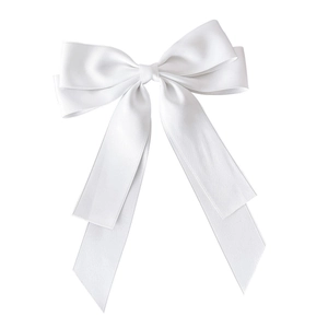 Elegant white satin double-layered bow hair clip with flowing ribbons on white background