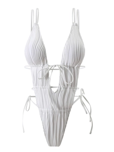 Costume da bagno intero bianco a costine con scollo a V profondo e lacci sottili
