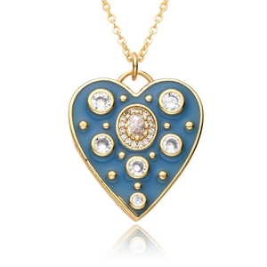 Retro gold necklace with heart pendant featuring blue enamel and micro-set zircon stones