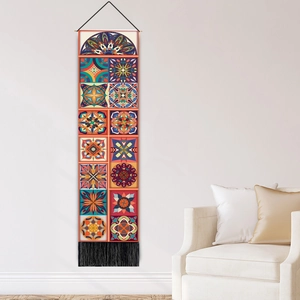 Bohemian mandala tapestry with colorful geometric patterns and decorative tassels