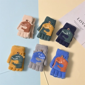 Thick knitted kids dinosaur gloves in six colors featuring warm double-layered convertible design