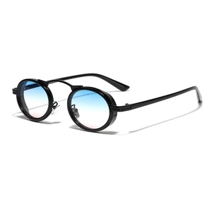 Retro punk oval sunglasses with black metal frames and blue-pink gradient lenses