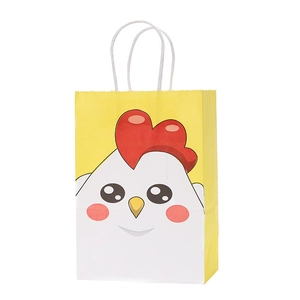 Cute yellow farm cartoon rooster paper gift bag with handles for party treats and candy
