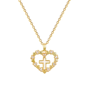 Elegant gold heart cross pendant necklace with sparkling crystals on white background