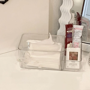 Close-up of clear acrylic tissue box featuring side storage and 3D butterfly ornament