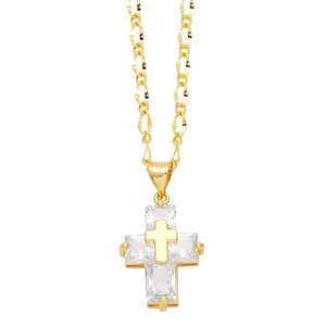 Hip hop double-layer gold cross pendant necklace with clear zircon stones on Figaro chain
