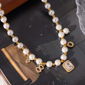 Vintage geometric pearl necklace set with 18k gold plating and zircon charms