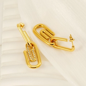 Gold plated titanium steel paperclip earrings with micro-inlaid zircon stones