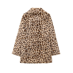 Women's leopard print faux fur coat with notched collar and long straight sleeves