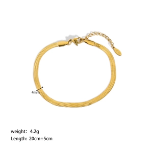 Detail of 4mm flat snake bone anklet in 18K gold plated stainless steel with dimensions