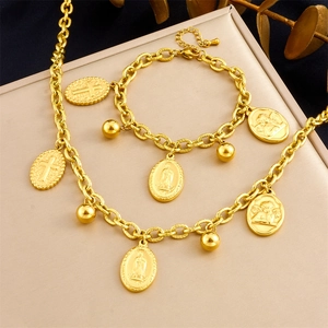 Necklace And Bracelet Jewelry Vintage Gold Plated Stainless Steel Religious Coin Pendant Virgin Mary Angel For Women