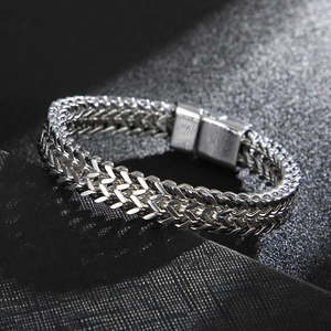 Silver stainless steel double row dragon scale link bracelet with secure magnetic clasp