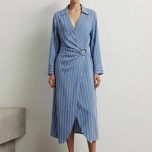 Blue and white vertical striped wrap shirt dress with long sleeves and metal ring buckle