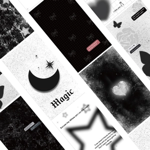 Detail of minimalist black and white phone stickers featuring celestial and heart motifs