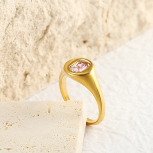 Square pink zircon stainless steel gold plated signet ring for women elegant style