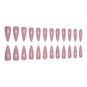 Pink glitter stiletto press-on nails set with 24 pieces of varying sizes on white backdrop