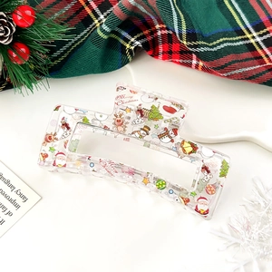 Detail of transparent Christmas acrylic hair claw clip with festive elk and snowman patterns