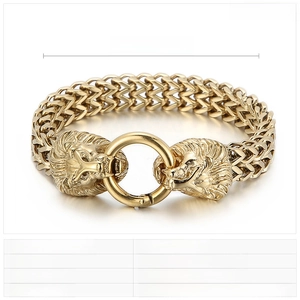 Detailed spec sheet showing size 230x12mm and 84g weight for the golden lion head bracelet