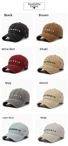 Detail showing eight vintage washed cotton baseball caps with 3D letter embroidery