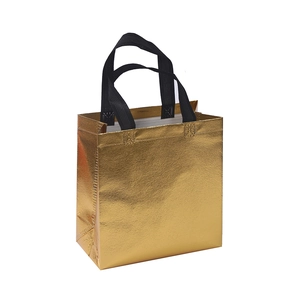 Golden laser non-woven gift bag with embossed metallic texture and black handles